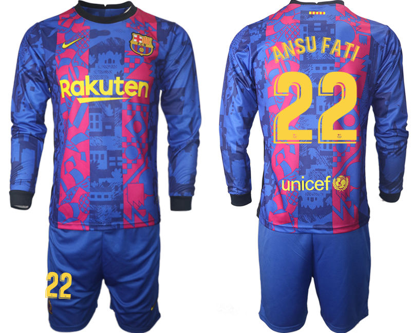 Men 2021-2022 Club Barcelona Second away blue Long Sleeve #22 Soccer Jersey